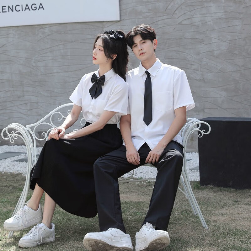 學(xué)子言中學(xué)生合唱團(tuán)演出服男表演服裝青少年禮服初中高中運(yùn)動(dòng)會(huì)畢業(yè)班服 男白短袖+黑褲+黑領(lǐng)帶 XL