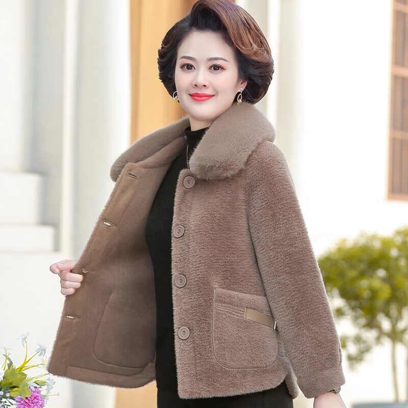 漫花格女装新款妈妈冬装毛呢外套皮毛一体中老年女春秋洋气棉袄上衣