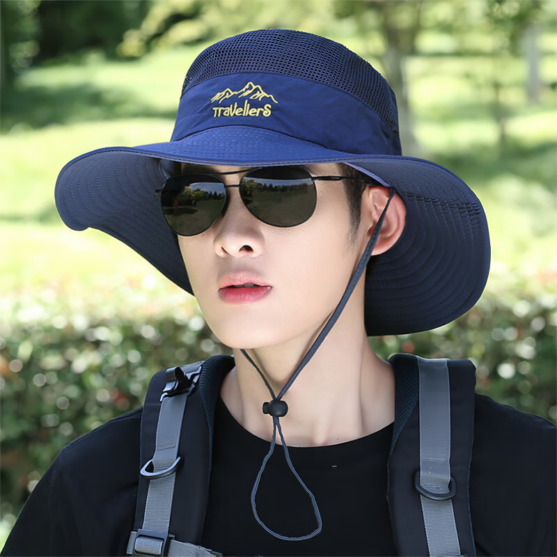 夏娃的色彩帽子男夏季遮阳帽男户外登山防晒帽男女旅游钓鱼太阳帽渔夫帽大檐 藏青 常规款-不带按扣 均码 均码