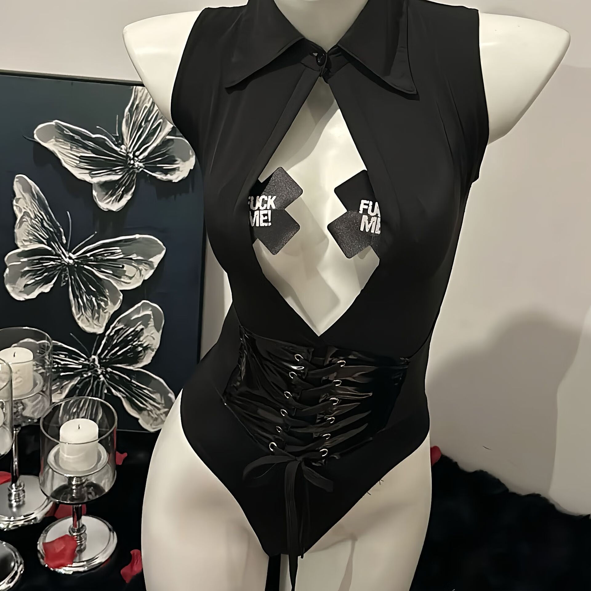 情趣内衣性感冰丝开裆弹力连体衣睡衣女腰封漆皮拼接套装 4152黑色