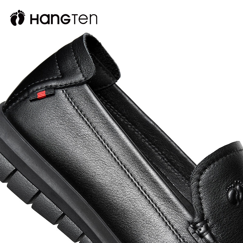 欢腾(HANG TEN)休闲皮鞋男真皮透气软底中年商务男士休闲鞋轻便防滑上班办公套脚 黑色 44