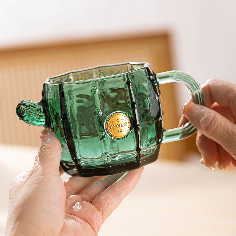 乐唯诗（LOVWISH）墨绿仙人掌甜品碗带把玻璃杯早餐杯轻奢高颜值玻璃水杯儿童奶碗杯 仙人掌水杯【墨绿色】275ml1只