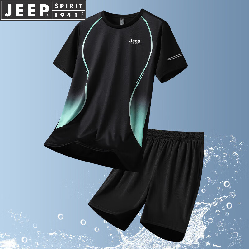 JEEP SPIRIT吉普短袖T恤男半袖短裤套装休闲五分裤两件套夏季体恤休闲服 黑绿色 2XL (建议150-170斤)