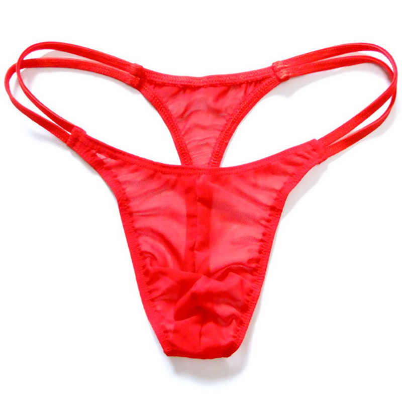 男士性感丁字裤透明网纱低腰细带t裤超薄透视情趣紧身内裤男 红色