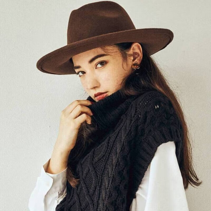 60CM大头围礼帽秋冬季欧美复古爵士帽男女潮毛呢帽子 Fedora Hat 咖啡色 M（56-58cm）
