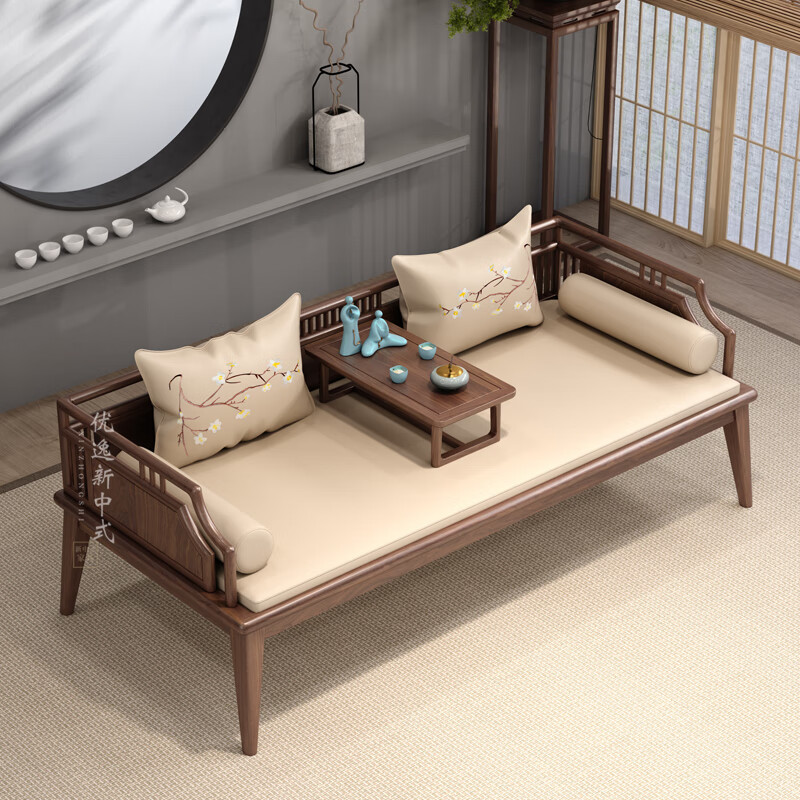 mef新中式罗汉床推拉床小户型客厅实木沙发床黑胡桃木简约现代贵妃榻