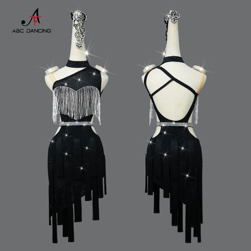 新款拉丁舞演出服比赛连衣裙女式舞蹈台流苏裙加钻花服装 黑色舞裙 含