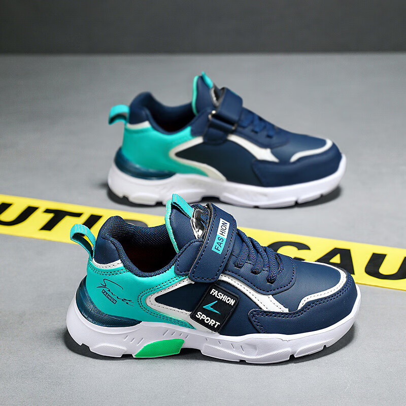 贝天熊春秋中大童鞋男童双网透气运动鞋女童网鞋小白鞋789岁小男孩皮面 BRH1910深蓝【皮面】 36码 内长22.6/脚21.6