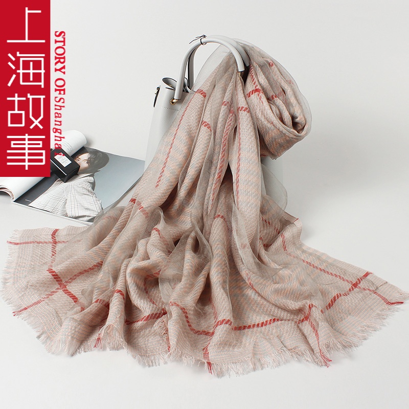 上海故事真丝围巾女春新款复古千鸟格披肩围脖两用围巾女用礼表白 浅