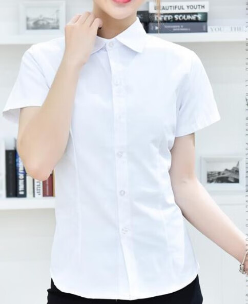 职业衬衫女短袖修身收腰白衣免烫商务正装竖纹工作气质ol 白色方领袖