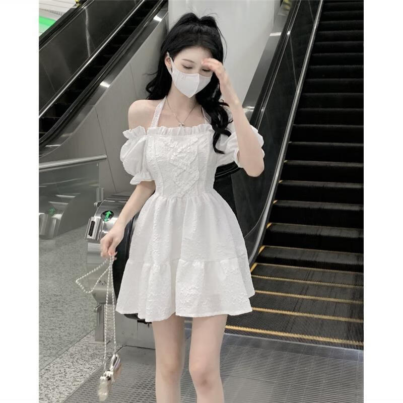 奕津公主裙成人白色连衣裙仙气一字肩绑带女2023夏季新款白色仙气公主