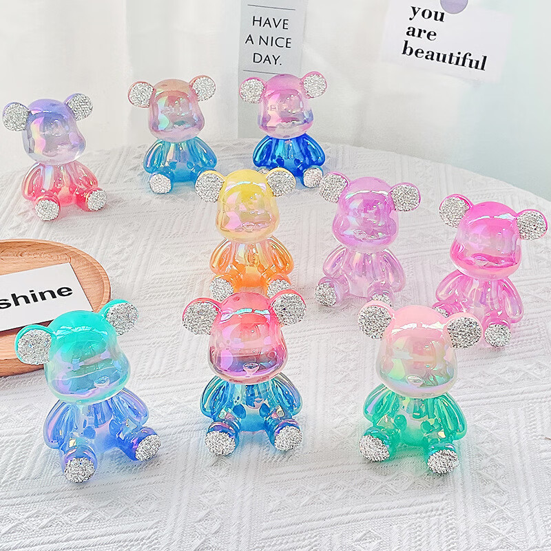 新款创意透明树脂彩色电镀小熊镶钻可爱暴力熊汽车客厅装饰摆件潮 紫粉色 7cm