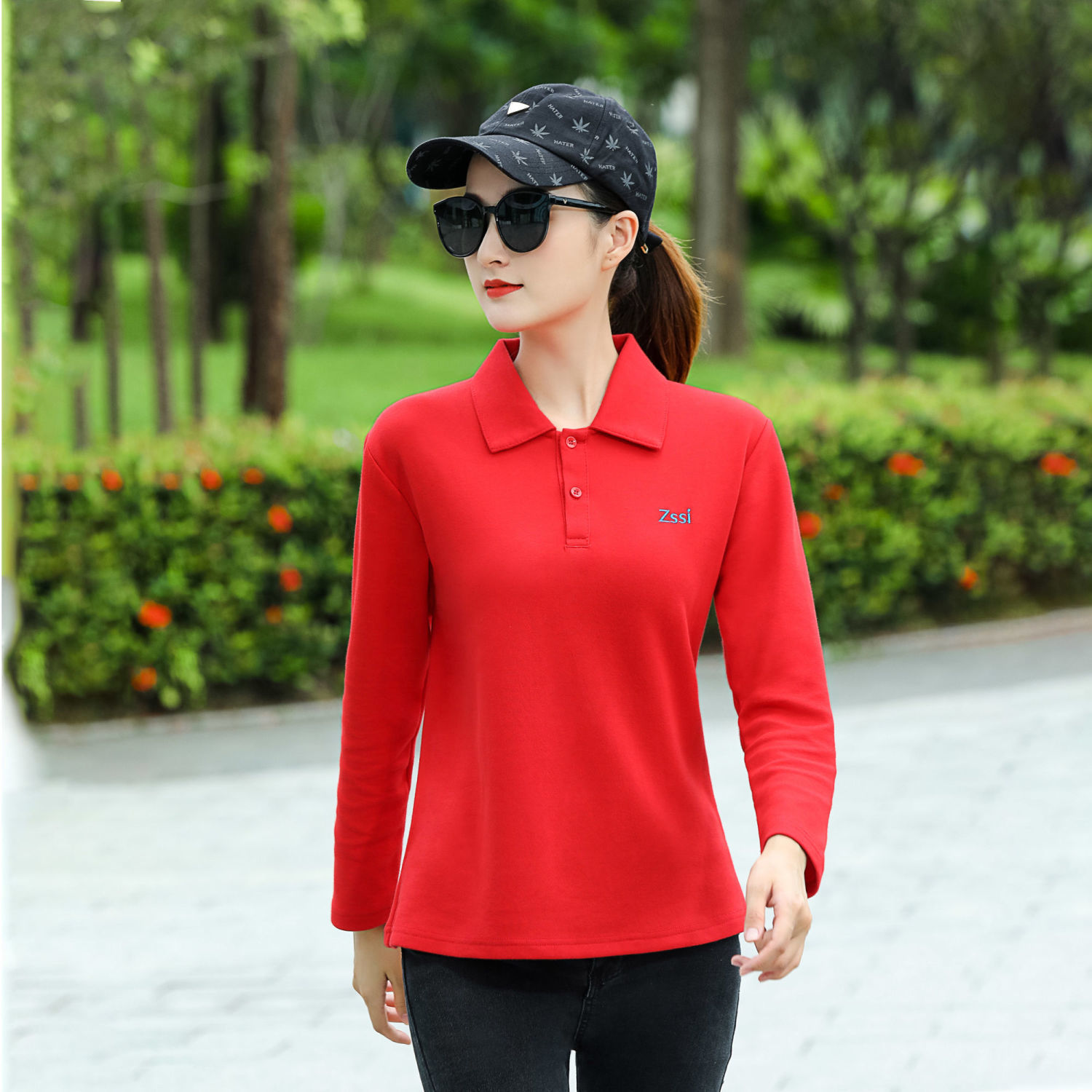 上衣有带领子长袖t恤40-50女士打底汗衫纯棉女t恤春夏女装长袖翻领t恤