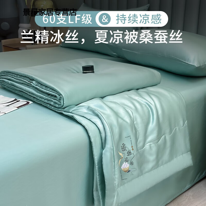 燊虓蠶絲被100桑夏涼被可機(jī)洗60支天絲夏被空調(diào)被冰絲薄被子夏季 翡翠綠 150x200cm蠶絲夏涼被單人