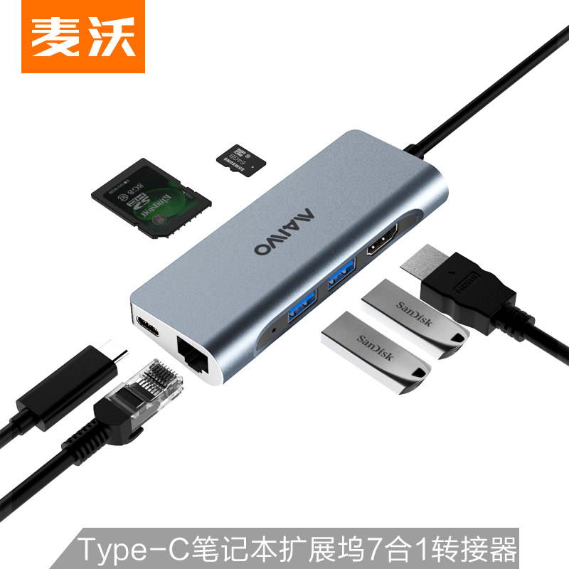 麦沃(MAIWO)KH07C Type-C扩展坞USB-C转HDMI转换器 苹果电脑网线接口转接线3.0HUB分线器 千兆有线网口网卡