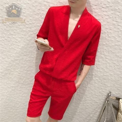 套装社会人休闲一套男装夏天一身衣服男帅气潮流短袖薄款 红色套装 m