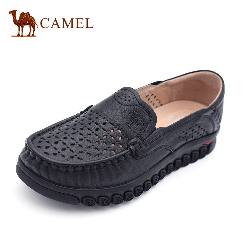 骆驼(camel)女鞋夏款软面头层牛皮镂空透气浅口低跟坡跟舒适休闲皮