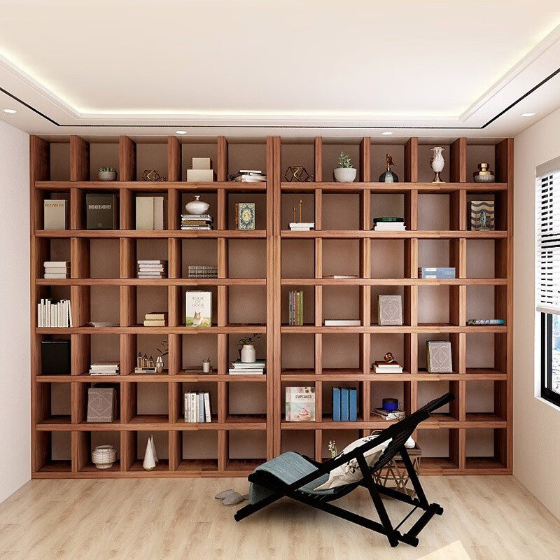 森辰满墙书柜定制客厅整墙全实木书架落地格子架置物架老榆木原木书架