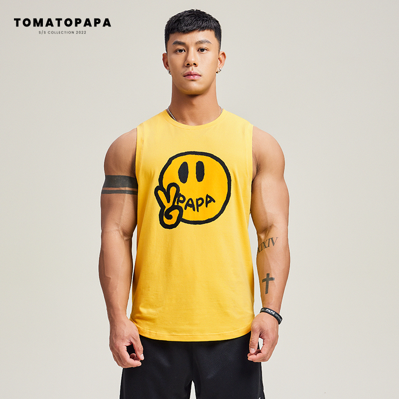 TOMATOPAPA原创夏季背心男速干透气卡通印花篮球运动休闲无袖坎肩 黄色 XL