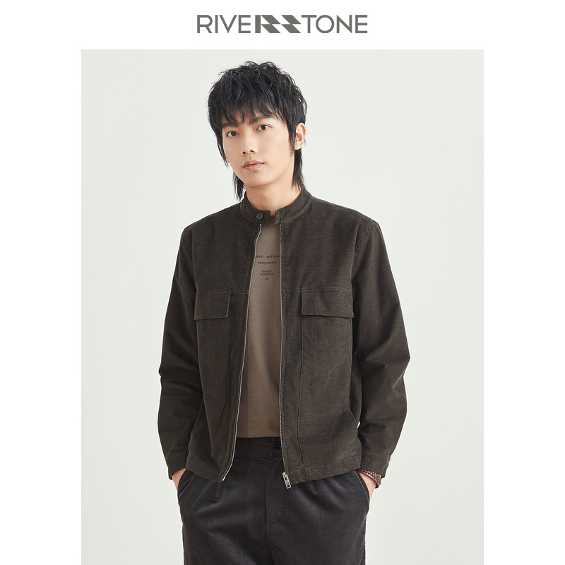riverstone男装品牌小细格灯芯绒夹克男春季新款立领外套 灰石绿 xs