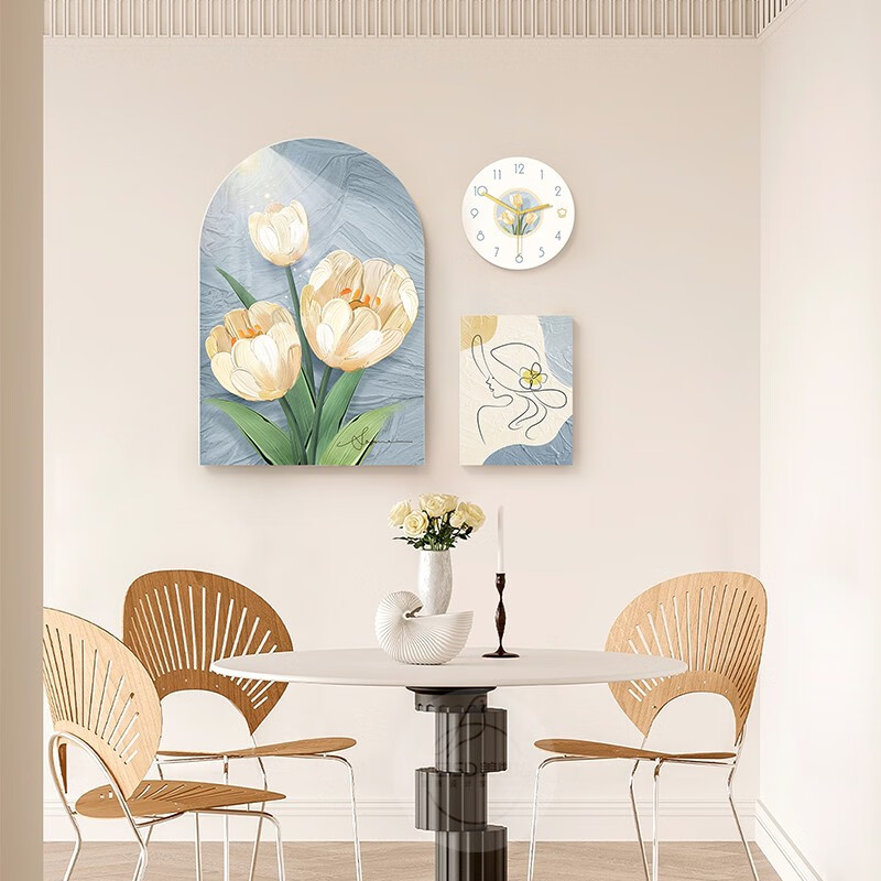 风客厅钟表装饰画现代简约高级感沙发背景墙壁画餐厅挂画 静谧花开粉