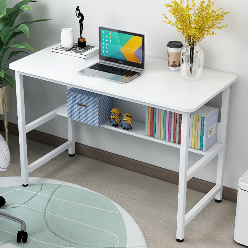 木以成居電腦桌臺式雙層書房書桌書架組合簡約辦公家用寫字桌子加 白色100*45CM