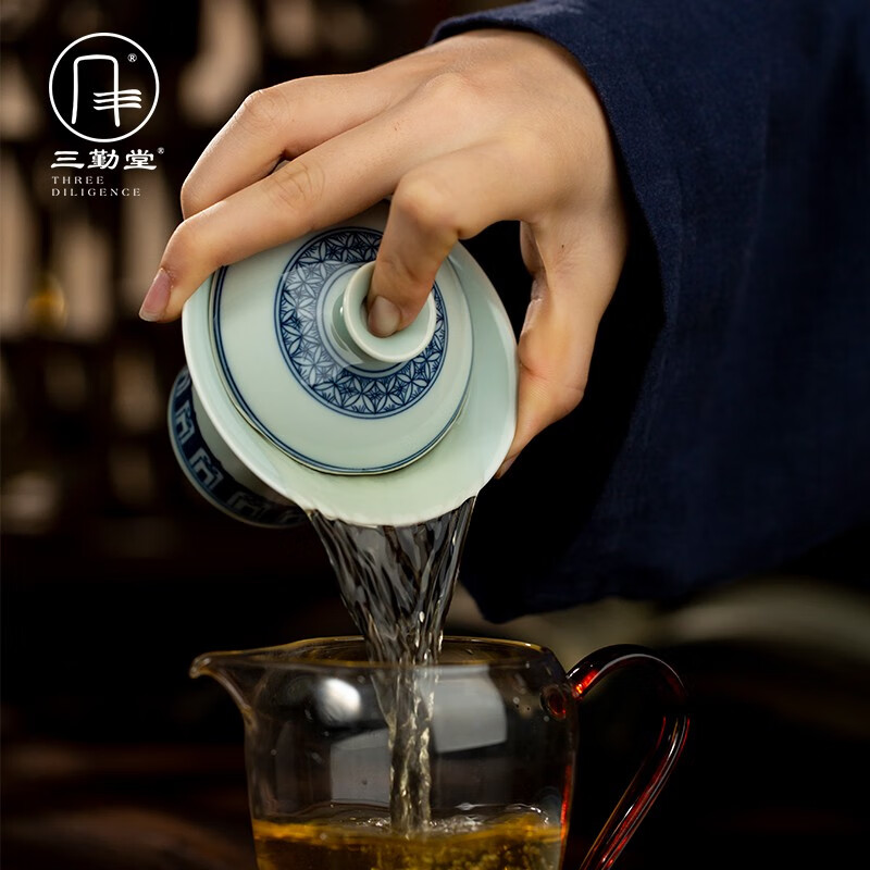 三勤堂手绘釉下青花宝相三才马蹄泡茶盖碗景德镇陶瓷功夫茶具茶碗家用 宝相纹马蹄盖碗（特级品）