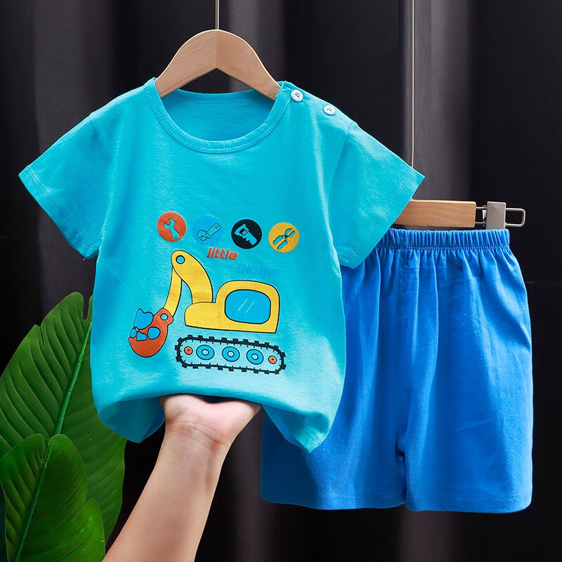专一（Zhuanyi）男女童短袖套装纯棉夏季儿童T恤宝宝短袖短裤套装 短套-蓝色挖机 90cm