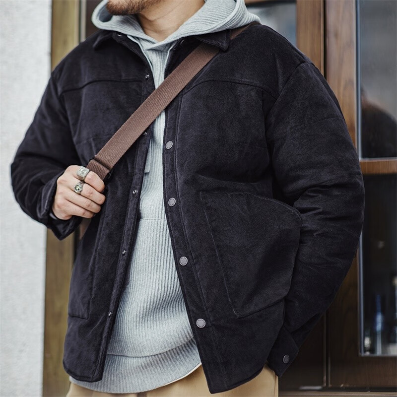 马登工装 美式休闲灯芯绒夹克棉服条绒翻领棉衣加厚保暖外套男秋冬 藏青色 L
