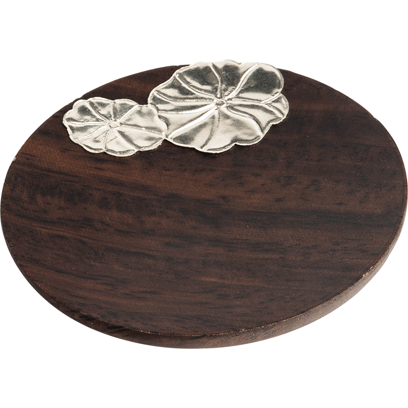 容山堂 茗末 黑檀木茶墊杯墊實木功夫茶杯托茶托隔熱墊鑲錫茶道配件 鑲錫黑檀木杯墊-圓形荷葉