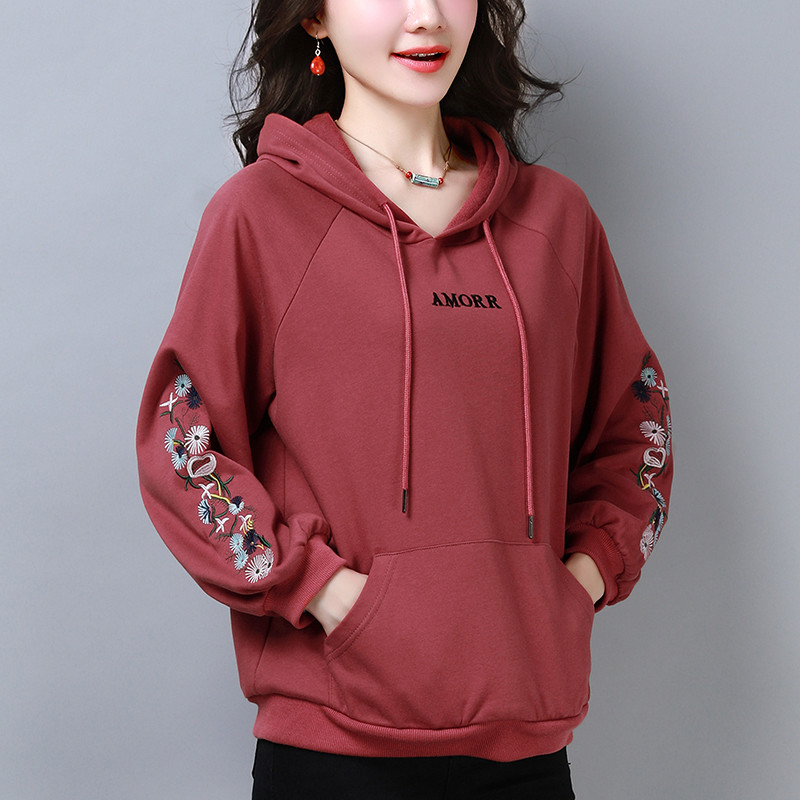 女式卫衣春秋装40岁一50岁连帽绣花卫衣女士春秋新款韩版宽松洋气套头