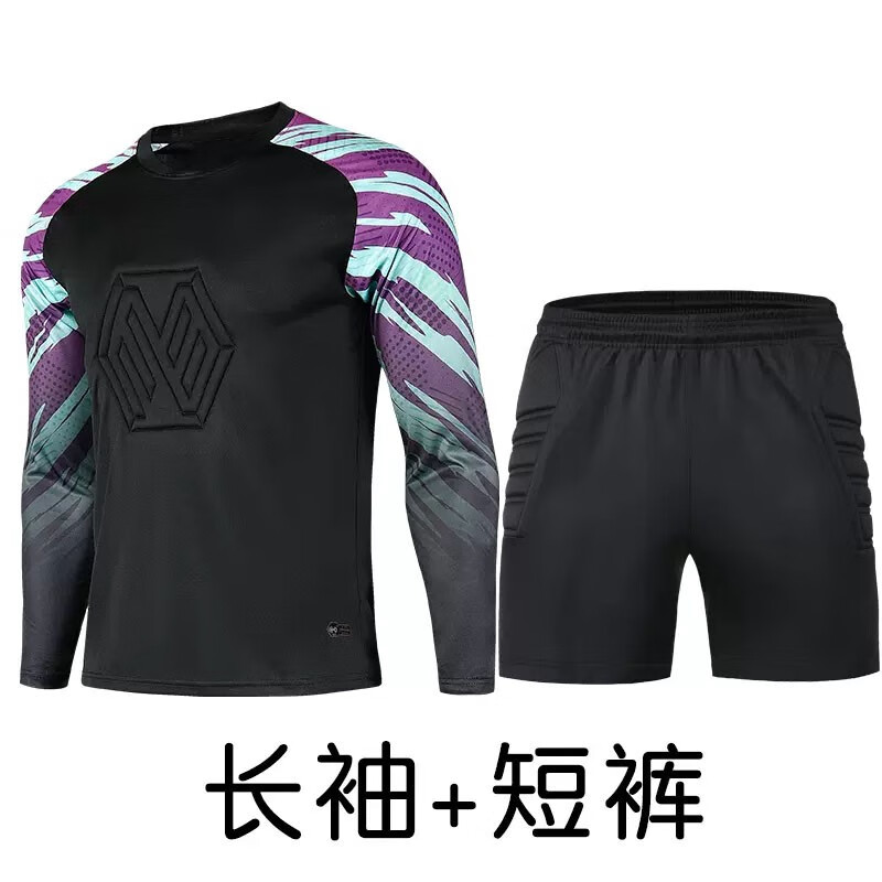 成人守门员加厚海绵防护门将服足球训练服套装长袖足球服 黑色配短裤