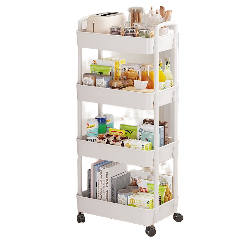 唯良多功能小推车置物架厨房落地卫生间储物收纳架多层可移动置物架 4层白色【大号加宽款+刹车轮】