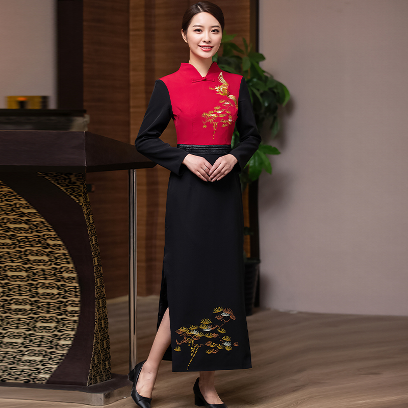 琴羽林高端中式服务员旗袍迎宾工作服女秋冬长袖餐厅茶楼前厅中国风