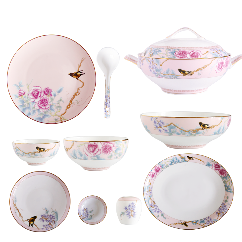 華光碗碟套裝 骨瓷餐具碗碟套裝 高溫?zé)o鉛鎘健康釉中彩 富貴牡丹  富貴牡丹（粉+金）禮盒裝 46頭