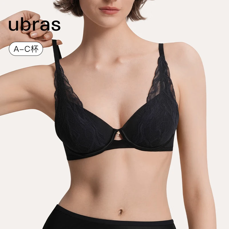 ubras轻奢流雾蕾丝性感内衣女透气轻奢大胸显小聚拢文胸 【清仓】兔耳杯文胸-黑色 L (80A/B/C)
