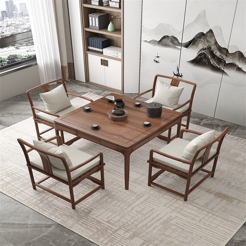 榆木实木八仙桌餐桌棋室茶楼茶馆打牌桌新中式茶桌 默认带抽屉 不带
