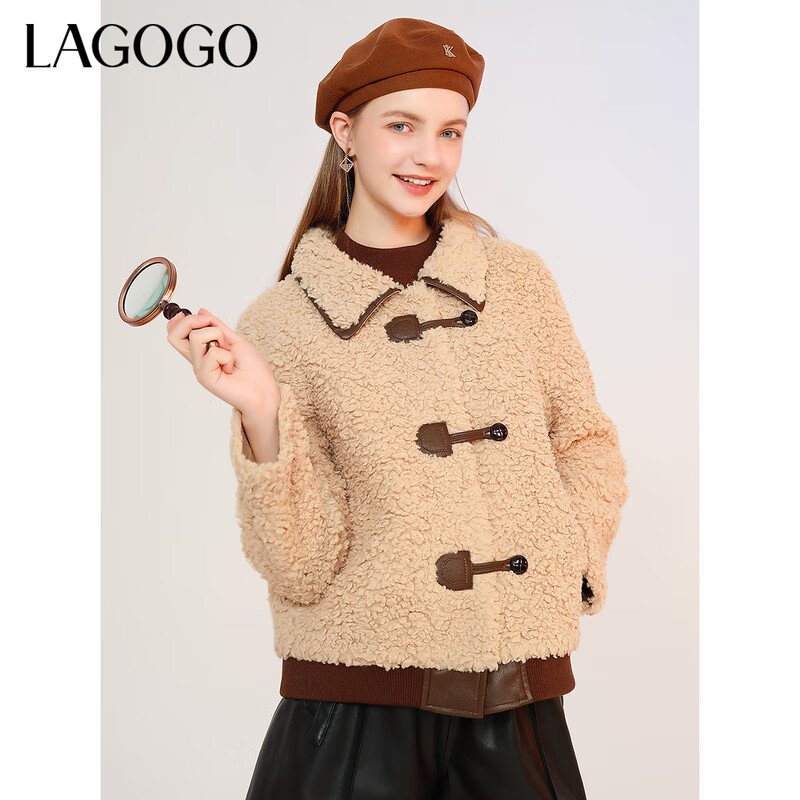 LAGOGO翻领仿羊羔毛短款外套女拉谷谷冬季新款保暖软糯小个子上衣 驼色(S1) M 160/38