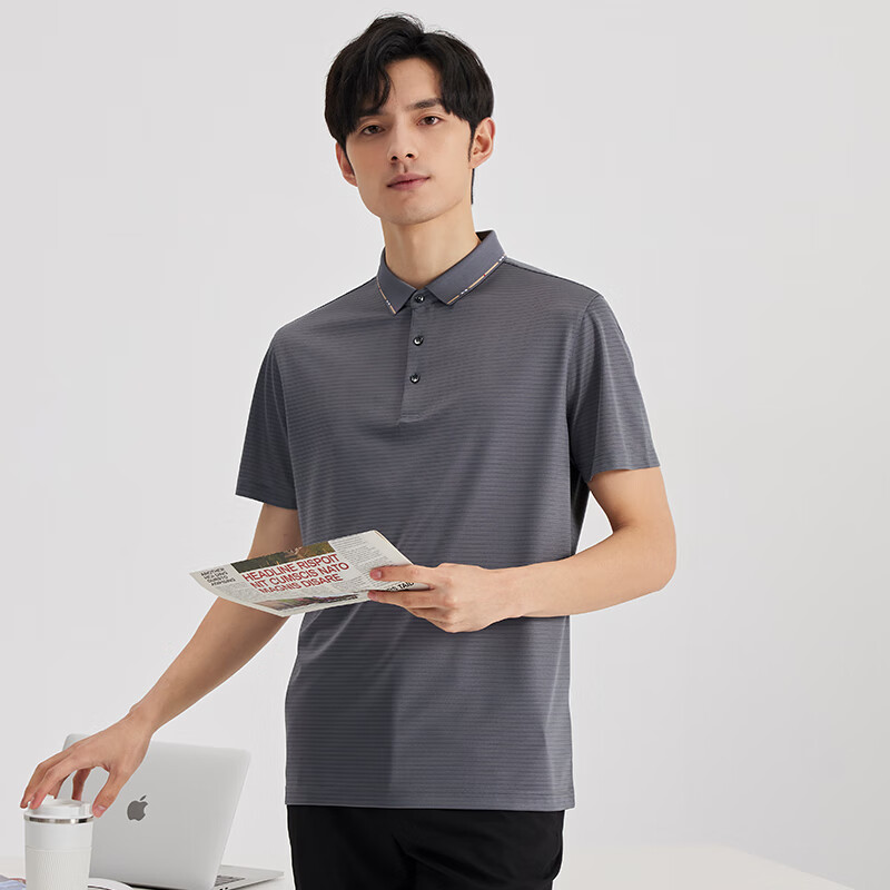 才子（TRIES）男士POLO衫夏季新款垂顺透气孔易打理短袖翻领上衣男 灰色 XL 50(175/92A)