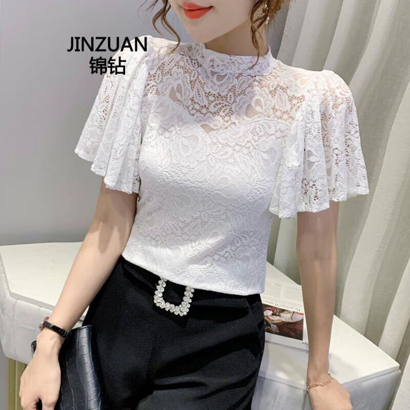 zuan)t恤女纯色夏新款性感镂空蕾丝时尚短袖修身显瘦喇叭袖洋气上衣潮