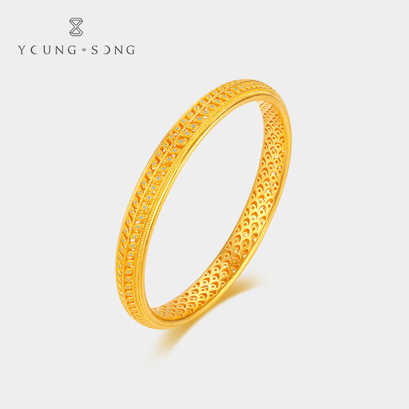 Young Song黄金点钻花丝麦穗手镯足金999镶嵌钻石传承婚庆手镯 金重约34.4克