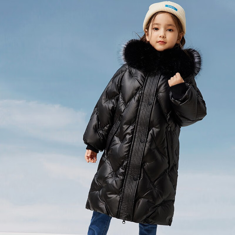 鸭鸭儿童羽绒服女童中长款洋气冬季加厚毛领中大童极寒保暖童装外套WJ 黑色 120