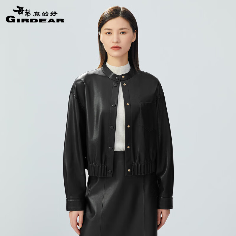 哥弟真的好女装简约百搭单排扣短款立领PU皮衣女外套A400681 黑 S(2码)属于什么档次？