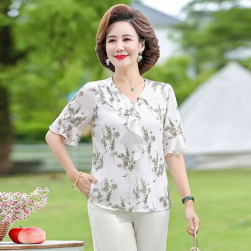 啾叮妈妈装雪纺衫短袖大妈款夏装洋气中年妈妈装短袖夏装雪纺衫中老年