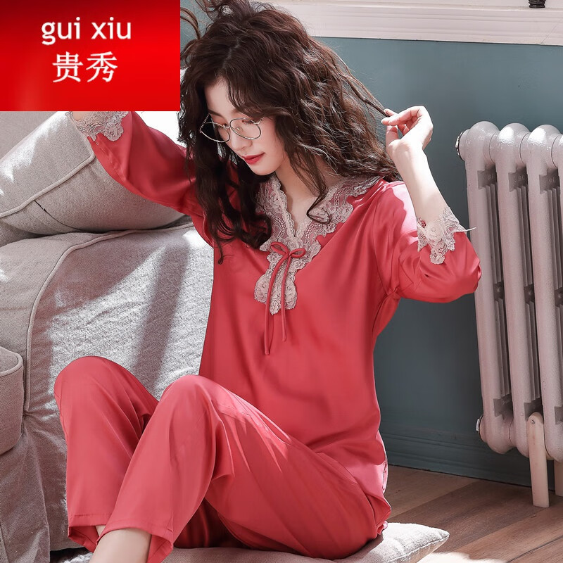 (guixiu)轻奢睡衣春秋情侣睡衣男士薄款两件套装仿真丝性感夏大码长袖