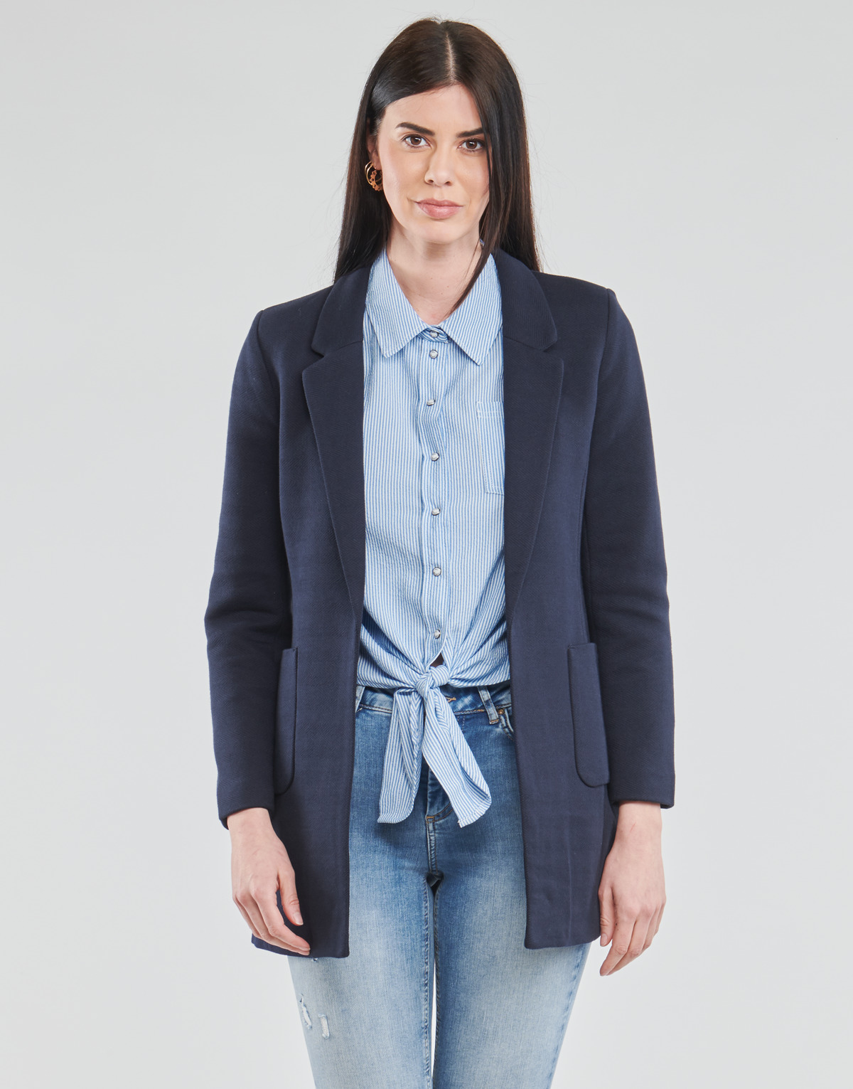 onlyonly女装西装海蓝色2024春秋新款欧美风英伦风西装领修身纯色中长