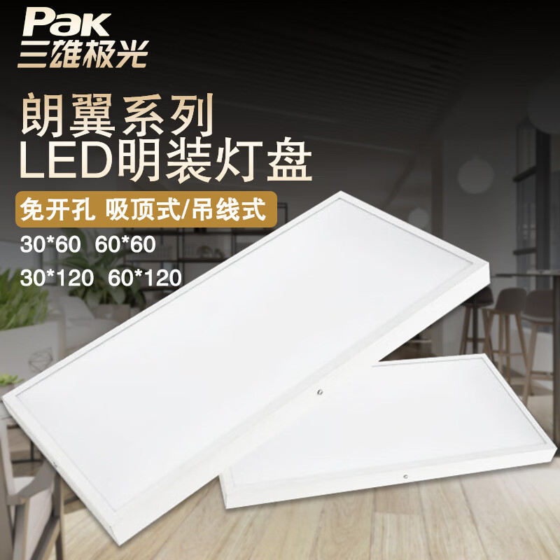 【精选优品】三雄极光led灯盘朗翼平板灯32w64w明装吸顶吊线灯盘pak