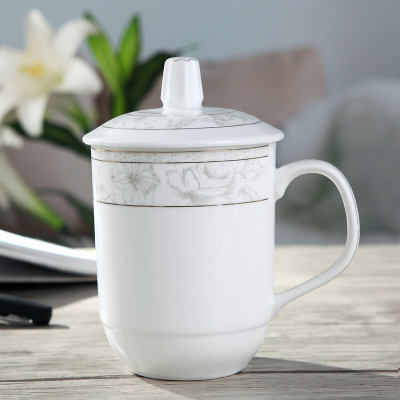 世宝景德镇陶瓷茶杯 带盖水杯 创意陶瓷杯子办公会议杯骨瓷杯马克杯