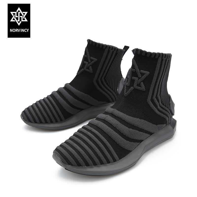 诺凡希 秋冬新款厚底休闲鞋袜子鞋男潮个性条纹中帮袜套潮人休闲鞋 铁