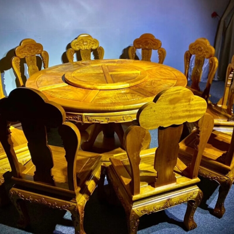 红善金丝楠木餐桌实木圆桌原木仿古中式客厅桌椅组合小叶楨楠家具